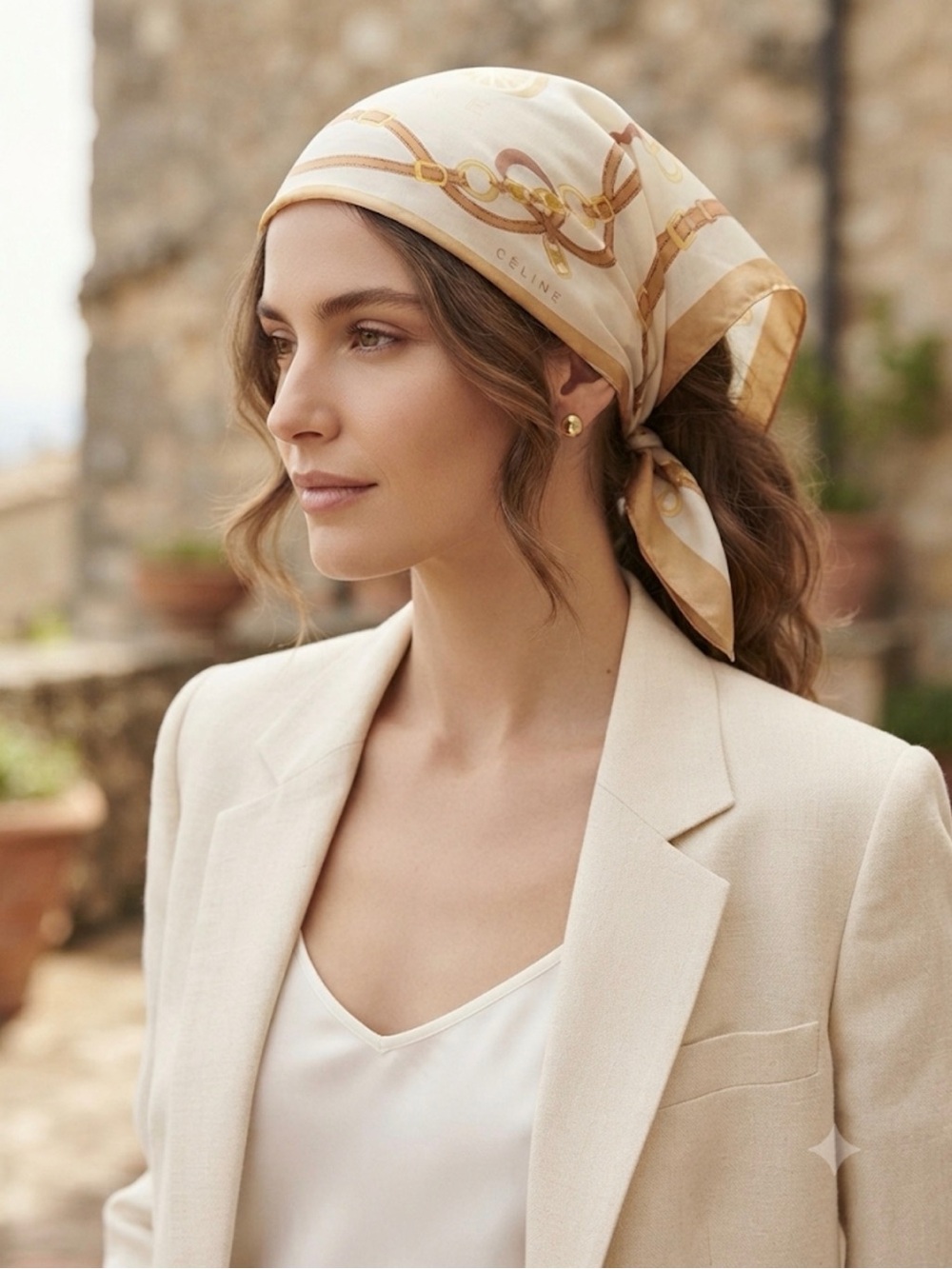 CELINE Cream & Gold Silk scarf